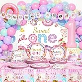 Hombae Sweet One Birthday Party Decorations – 273 PCs Donut Themed One Year Old Birthday Party Supplies with Banner, Balloon Garland, Tablecloth, Backdrop, Tableware Plates, Napkins, Cutlery