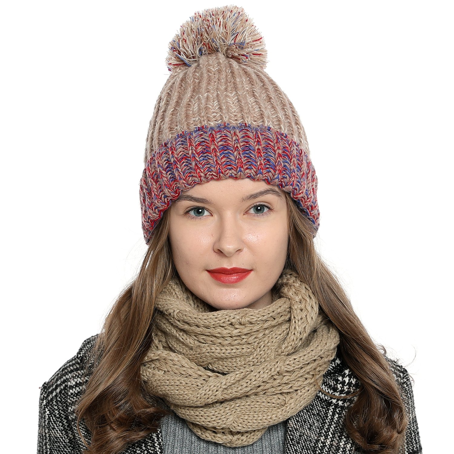 DonDon Women's Winter Beanie and pom-pom with warm and soft lining - Brown Red Blue