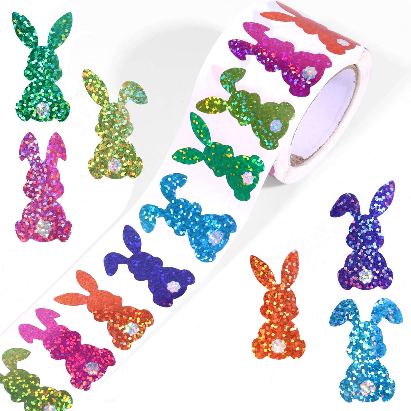 500pcs Glitter Easter Egg Bunny Stickers, 1.1x1.5in Holographic Rabbit Sticker Roll 6 Colors Envelope Seals Cute Christian Decal for Kids Easter Basket Stuff Cards Gift Tag