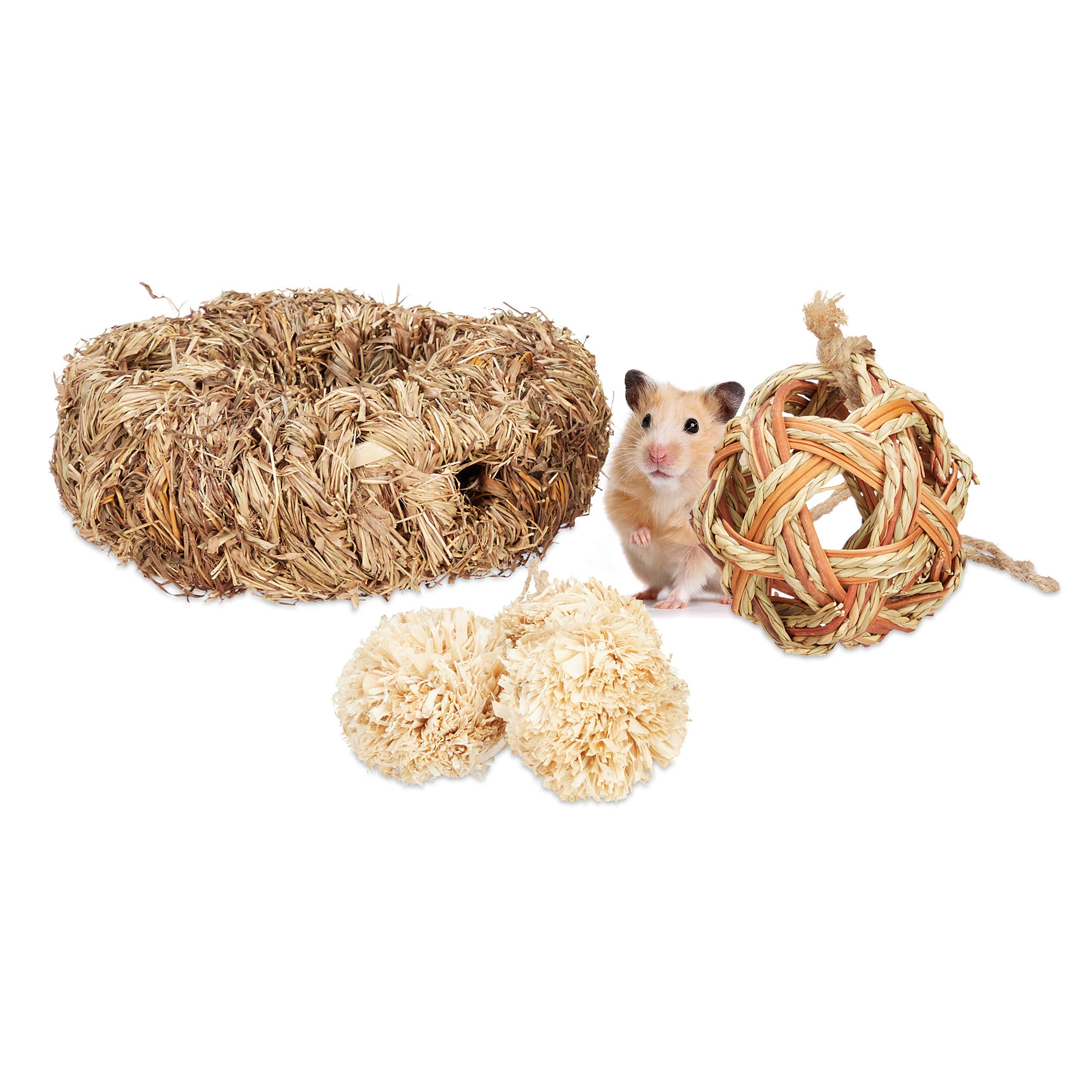 Relaxdays Hamster Accessories Set 5 Pcs, Hamster Tunnel, Nest & 3 Balls, Straw/Grass, Cage Rodents, Mice, Natural