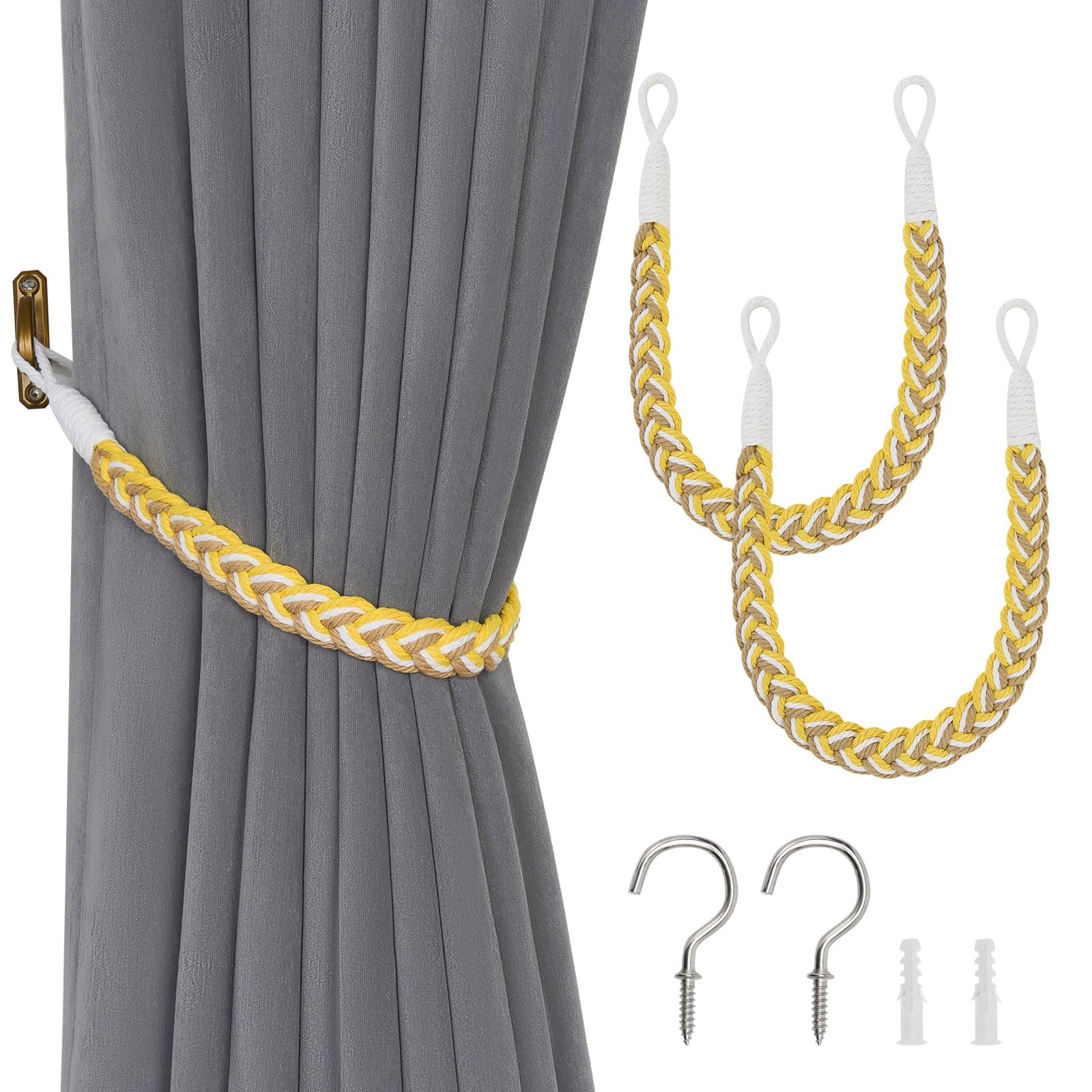 Pretty Jolly 2 Pack Natural Cotton Rope Curtain Tiebacks Elegant Boho Style Decorative Drape Tie Backs Soft Hand-Woven Rope Curtain Holdbacks with Metal Hook for Home Office Drapery (Yellow & White)