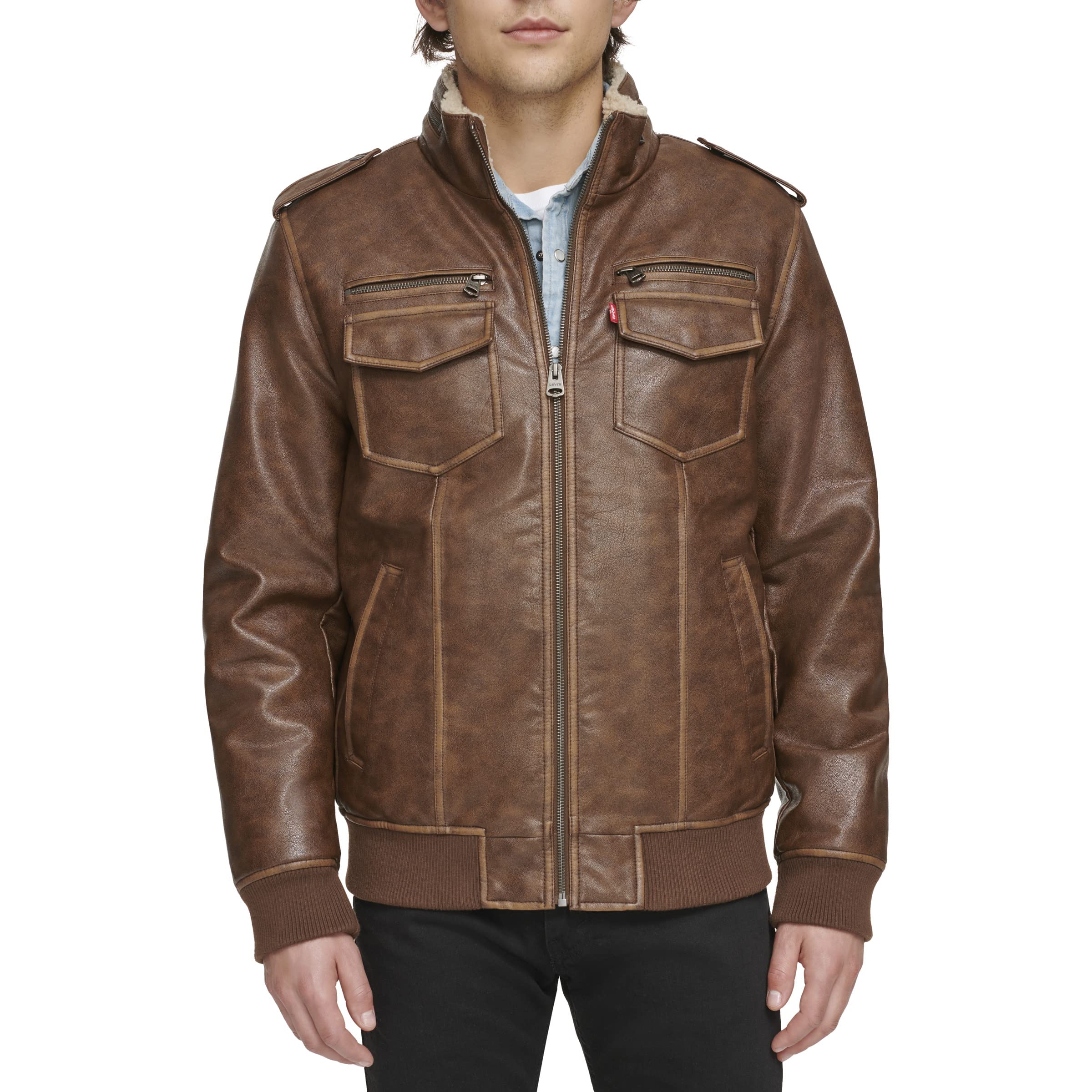 Levi's Men's Faux Leather Aviator Bomber Jacket (Regular & Big & Tall Sizes), Saddle/Sherpa Lined, 2X Image
