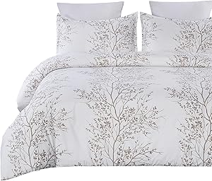 Vaulia Soft Microfiber Duvet Cover Set, Printed Tree Branches Pattern - White Color, King