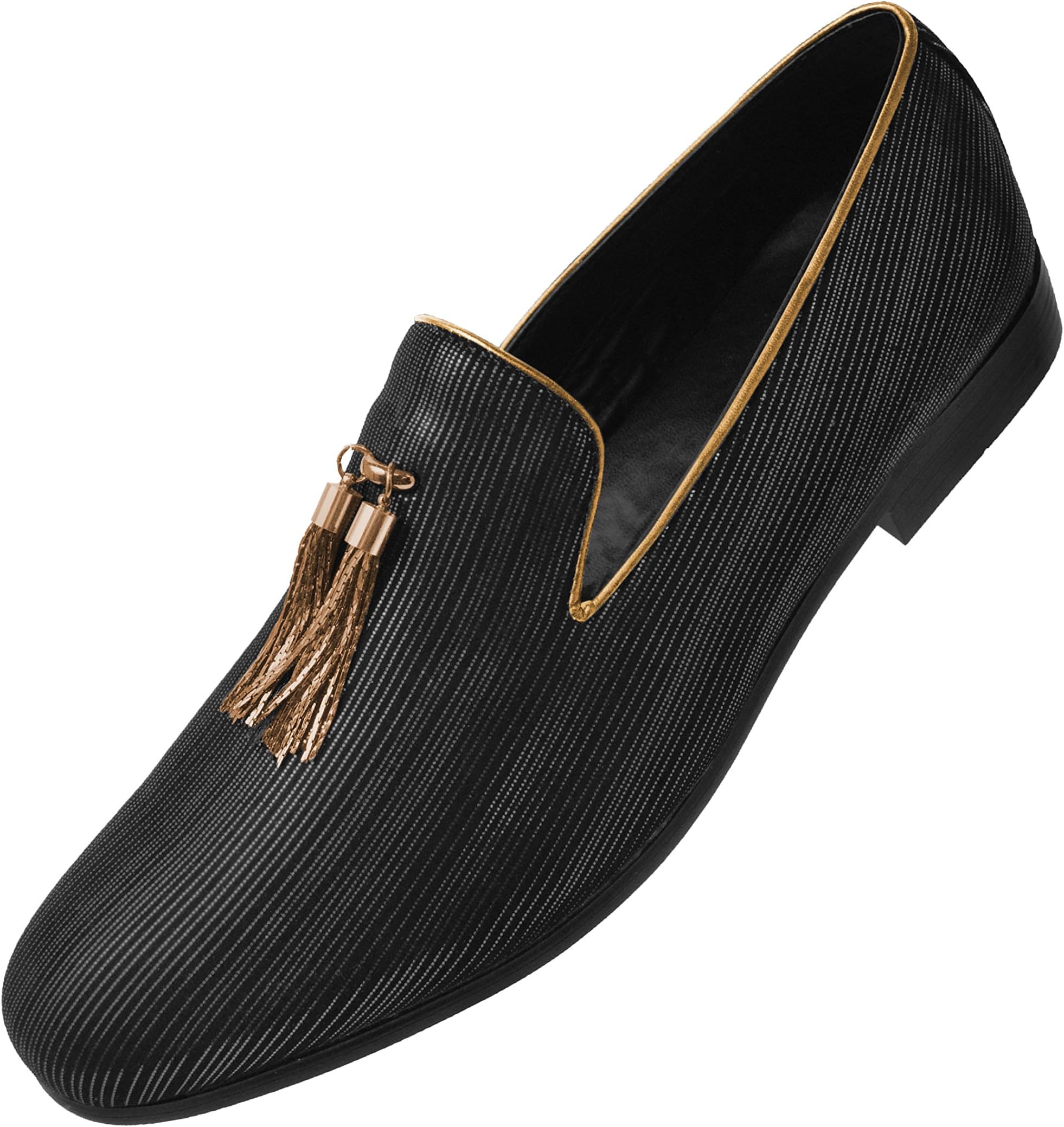 Amali Shane Dress Shoes for Men Thine Tone Striped Metallic Formal Slipper Loafers with Gold/Silver Chain Tassel Slip-on Slippers for Men The Original Smoking Men Tuxedo Dress Shoes