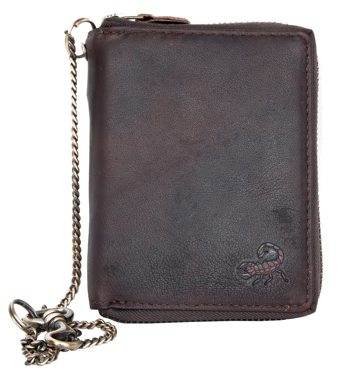 FLW Men's Oiled Large Genuine Leather Wallet with Metal Zipper Around with Scorpion + Chain