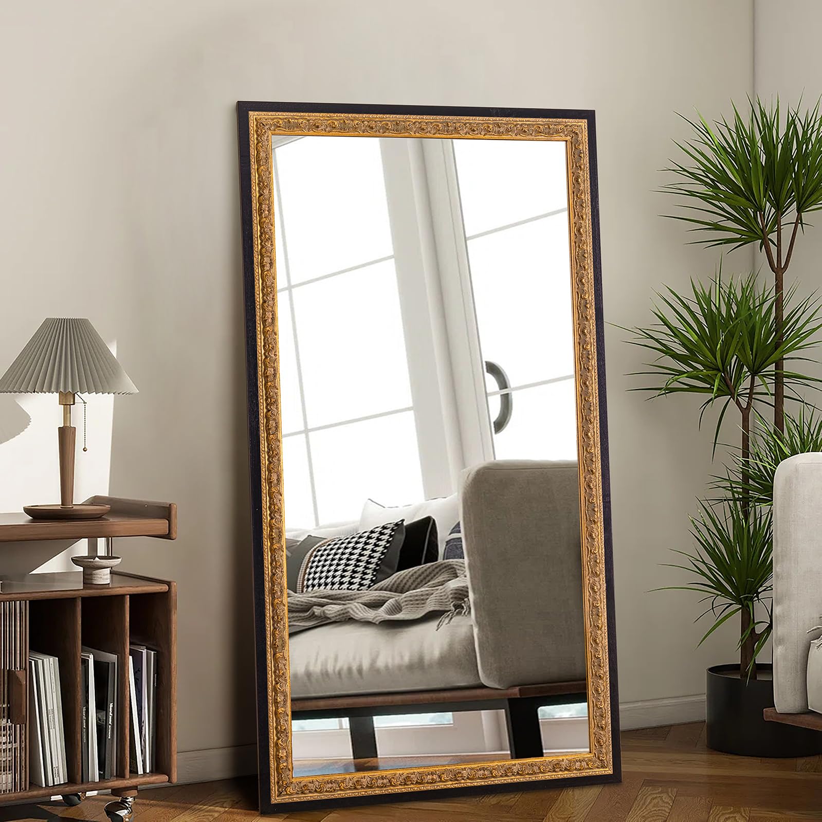 Photo 1 of Autdot 59.5"x30" Living Room Mirrors for Wall Decor, Black Antique Mirror with Gold Foil Carvings Wooden Frame for Bathroom, Entryway and Bedroom