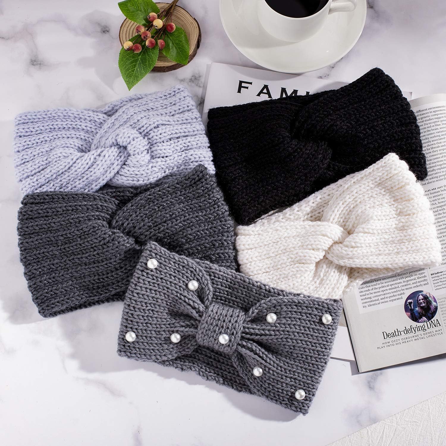 Whaline 5 Pieces Winter Knit Headbands Chunky Knit Headbands,4 Elastic Turban Head Wraps and 1 Pearl Crochet Hair Band - Image 4