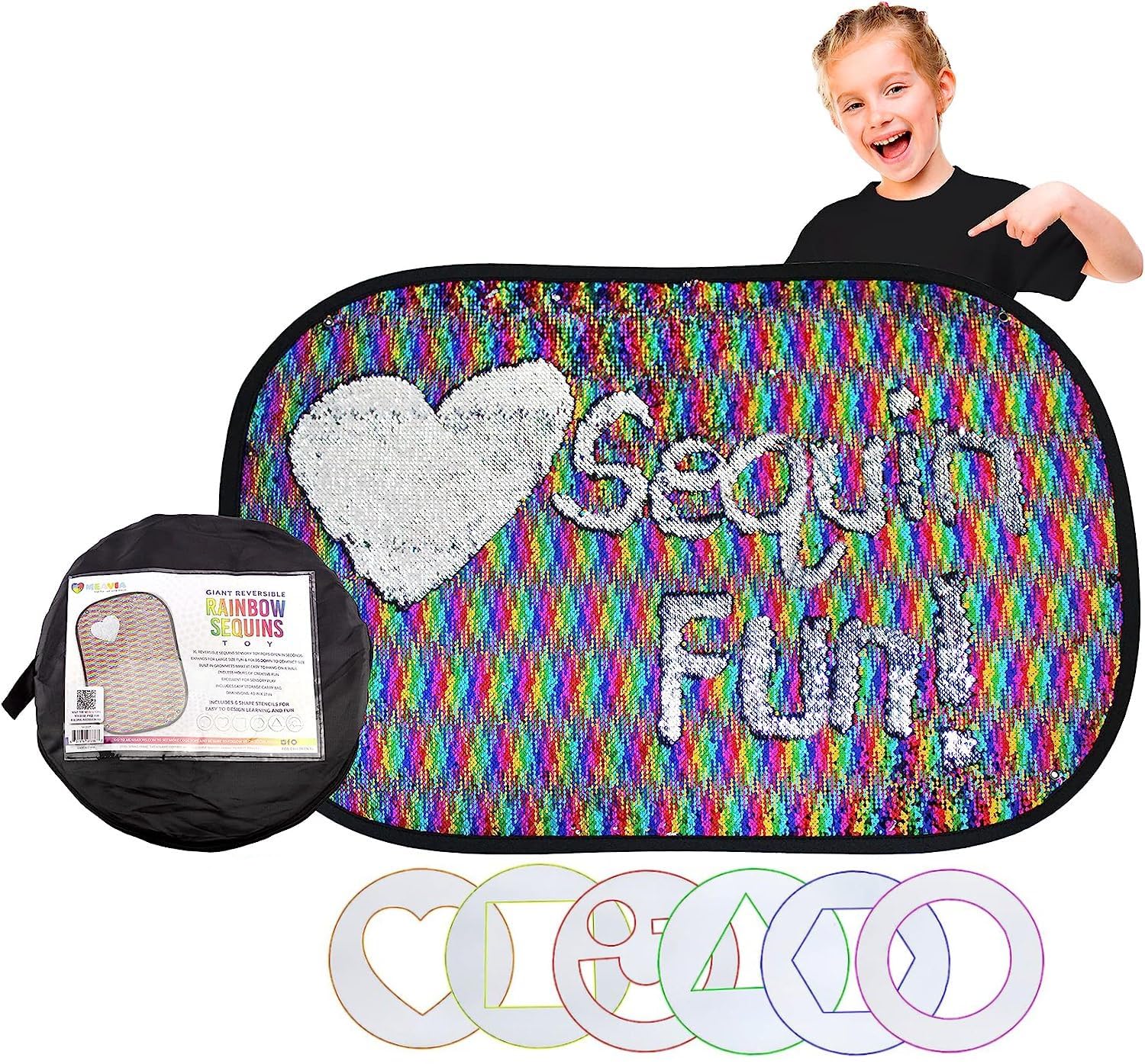 Photo 1 of Meavia Reversible Sequins Wall Sensory Fun Toy W/ Shape Stencils & Travel Case, Jumbo Size 40 x 27 Inches