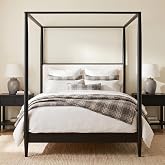 Merax Queen 4-Poster Wood Canopy Bed with Boucle Headboard, Black | Solid Wood Queen Platform Bed Frame with Slat Support, Easy Assembly, and No Box Spring Needed for Bedrooms