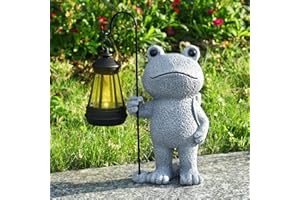 PAETAE Garden Statue Frog Outdoor Decor, Solar Patio Garden Sculptures & Statues, Resin Decor Gift for Women, Mom, Grandma, Stone