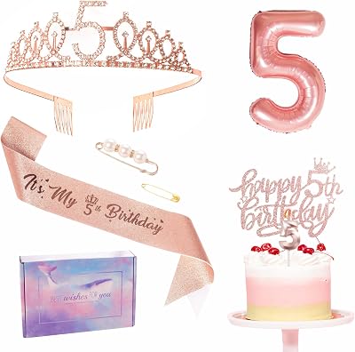 ZSYIULIA Rose Gold 5th Birthday Decorations Girl Sash Tiara Balloon Cake Topper