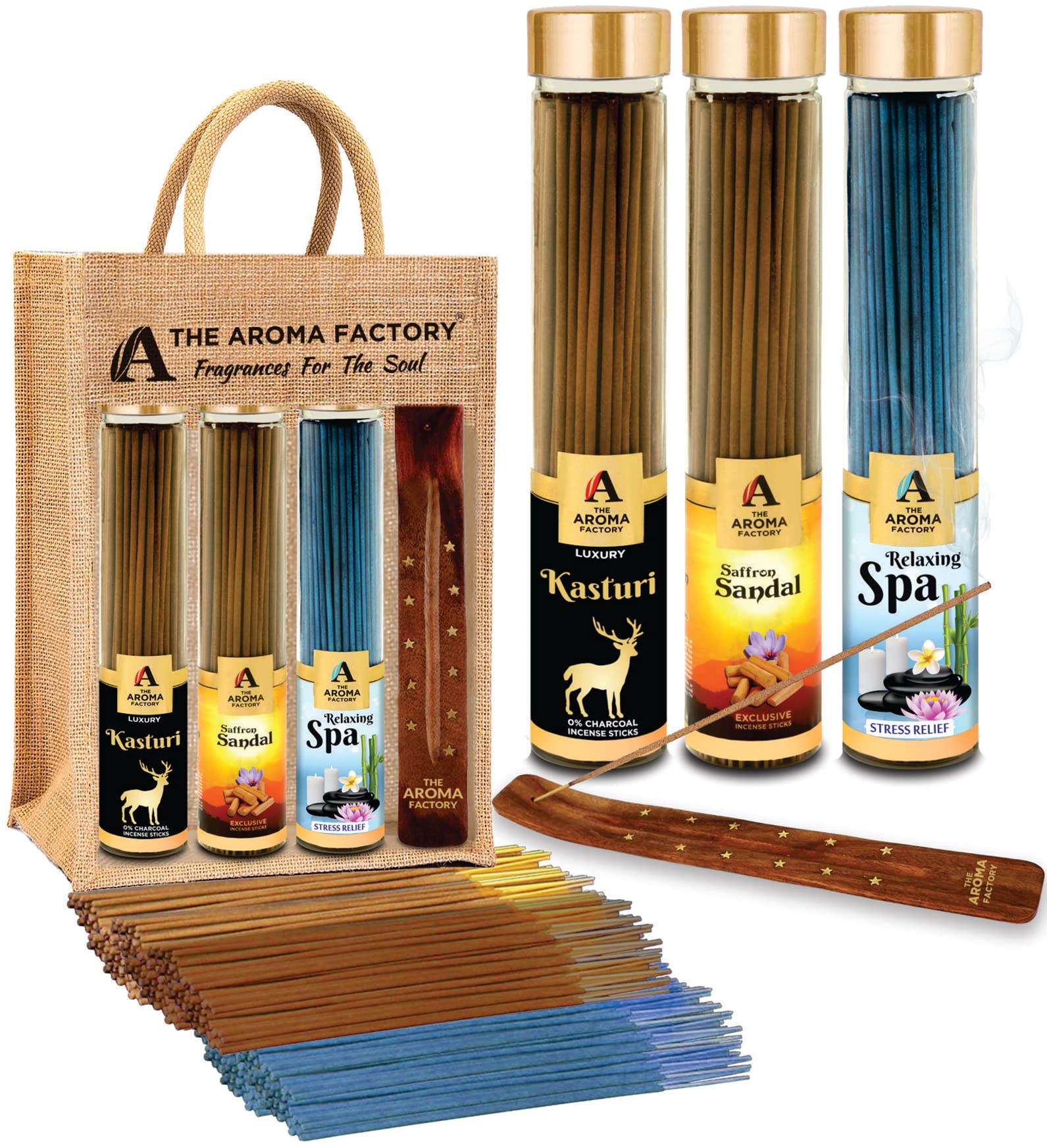 The Aroma Factory Organic Incense Sticks Charcoal Free | Non Toxic | 100% Herbal Pooja Agarbatti | Natural Aromatic Fragrance, 3 x 100g Jute Gift Set with holder (Royal Luxury)