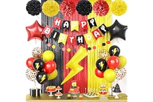 FUNHOT Red Black Yellow Party Supplies,Include Balloons Happy Birthday Banner Fringe Curtain Tissue Paper Pompoms Garland