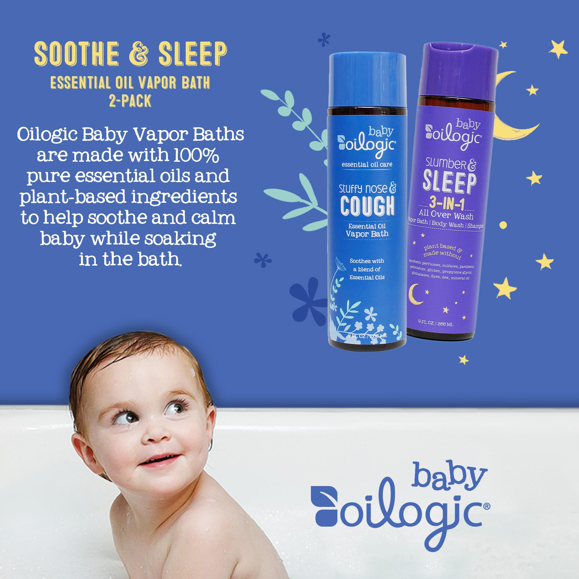 Oilogic Bath Baby Essentials (Slumber & Sleep, Stuffy Nose & Cough) - Gentle Baby All-Over Wash with Essential Oils to Soothe, Calm & Comfort - Pediatrician-Tested & Safe for Babies & Toddlers