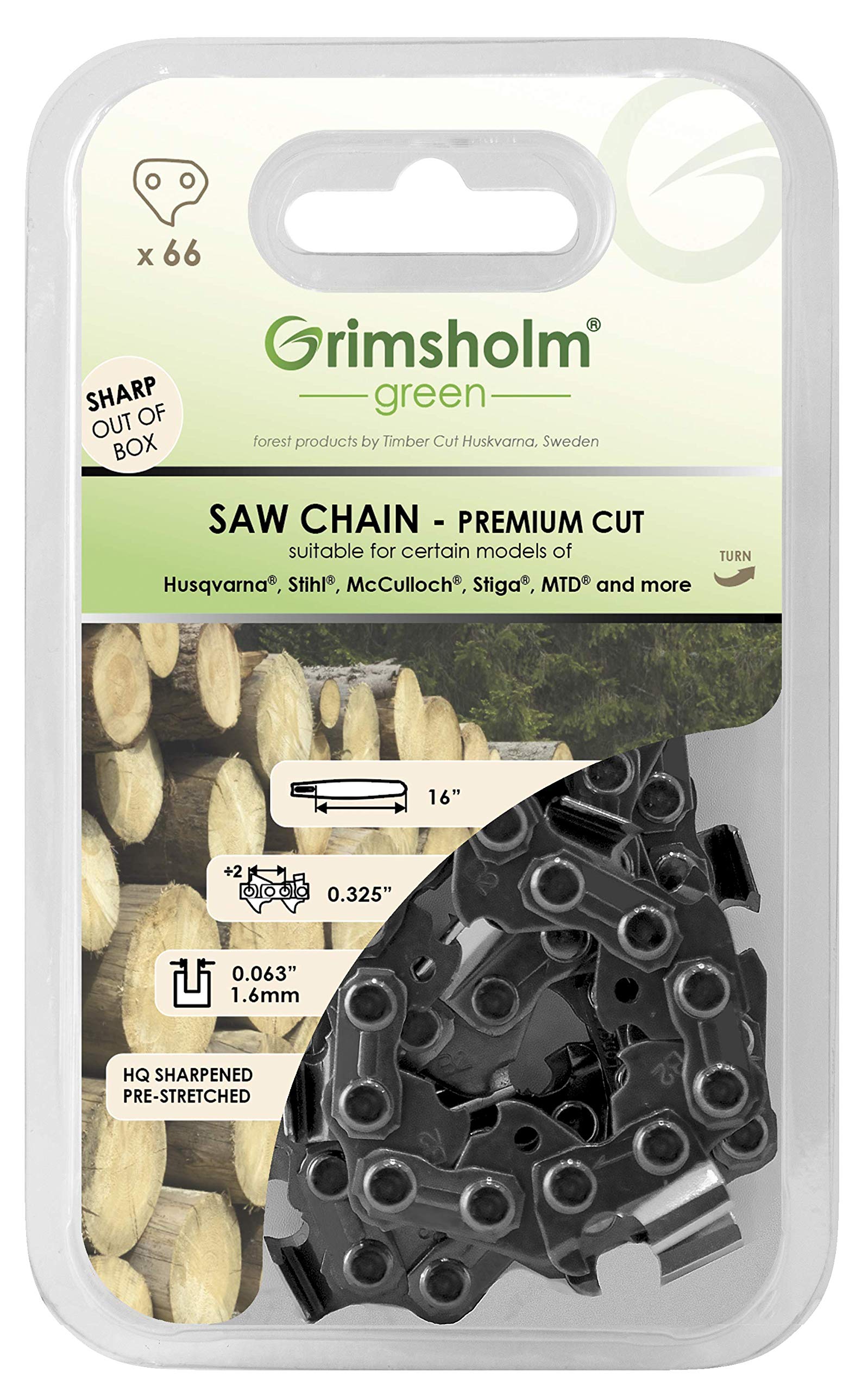 Grimsholm Green - Chainsaw Chain 56-72 DL, 0.325 inches, 0.063 inches/1.6 mm (66 DL)