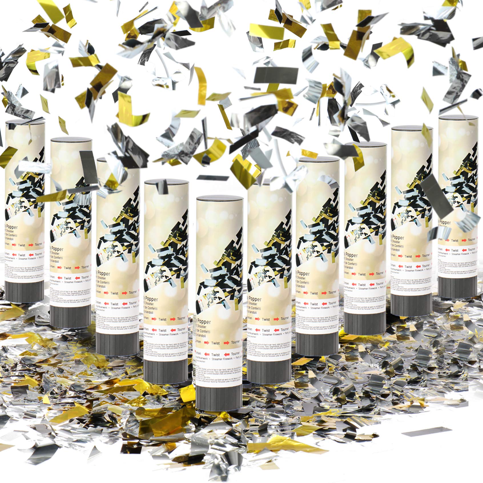 COM-FOUR® 10x Shooting Party Popper Set 20cm, Confetti Cannon for New Year's Eve, Parties, Birthdays, Confetti Bomb with great effect height (10 pieces - metallic 20cm)