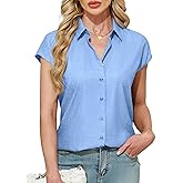 Ruisin Womens Linen-Look Cap Short Sleeve Button Down Shirts for Women Blouses Collared Shirt Summer Tops Wrinkle Resistant