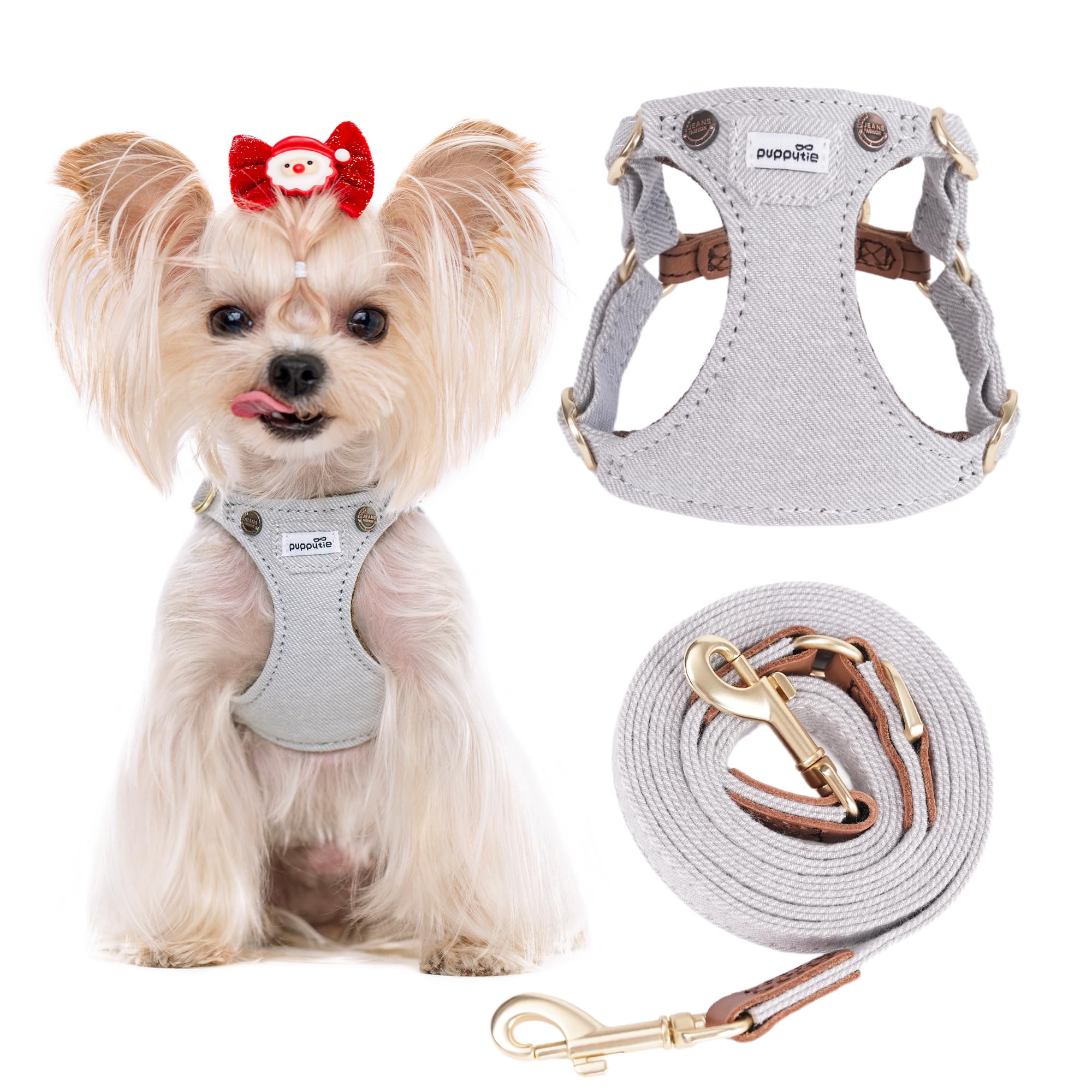 Puppytie No Pull xs Dog Harness with Multifunction Dog Leash,Soft Adjustable No Choke Escape Proof Pet Harness Vest,denimn Gray,xs