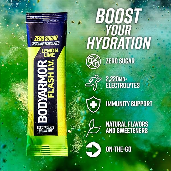 BODYARMOR FLASH IV ELECTROLYTE PACKETS, LEMON LIME – ZERO SUGAR DRINK MIX, SINGLE SERVE PACKS, COCONUT WATER POWDER (6 COUNT)
