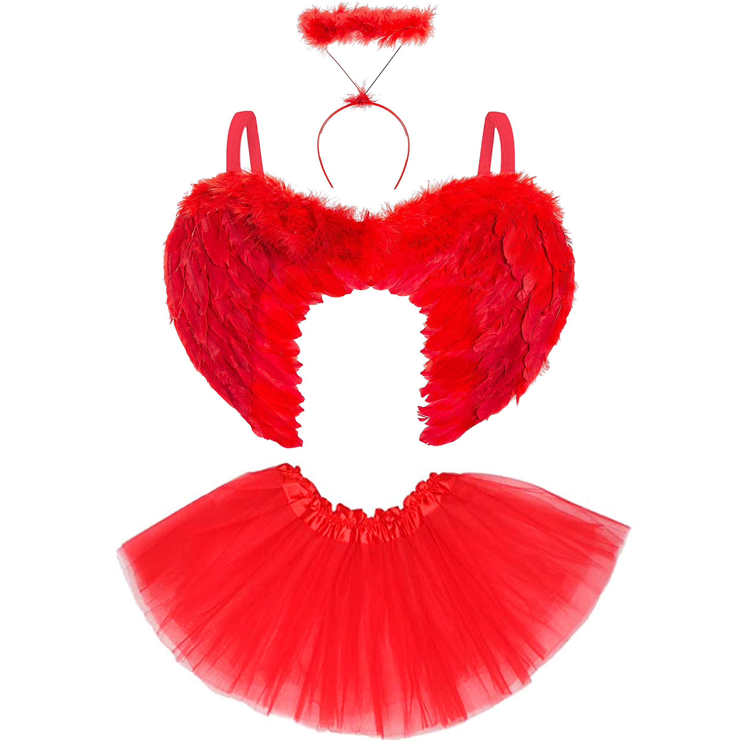 Womens Red Angel Wings and Halo Headband with Tutu Skirt - Adult Red Devil Wings and Halo Halloween Costumes for Women - Ladies Devil Outfit or Fallen Angel Costume Fancy Dress for Adults — image 1