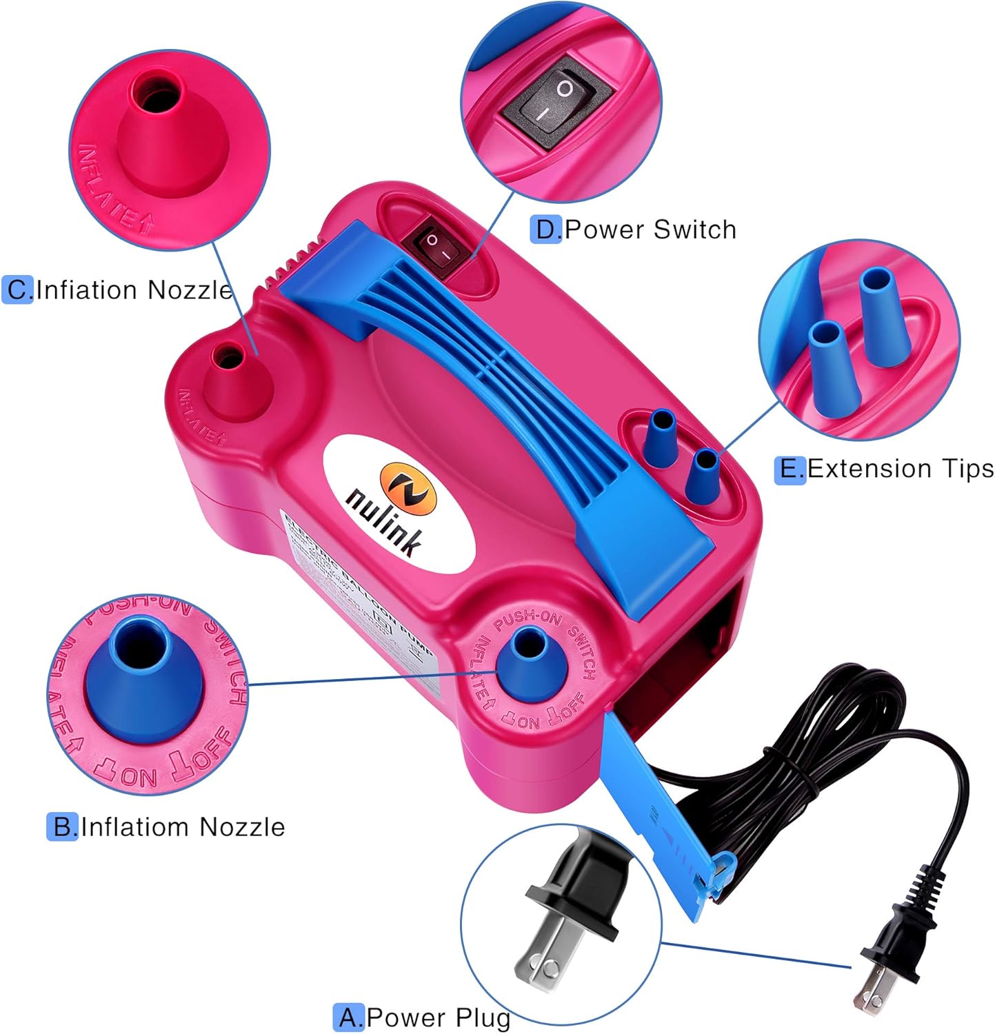 NuLink Electric Portable Dual Nozzle Balloon Blower Pump Inflation for Decoration, Party, Sport [110V~120V, 600W, Rose Red]: Toys & Games