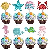 Rsstarxi 24 Pack Under the Sea Animals Cupcake Toppers Whale Turtle Starfish Jellyfish Cupcake Picks for Summer Beach Theme Baby Shower Boys Girls Birthday Party Cake Decorations Pink