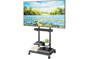 ECOTINY Steel Base Rolling TV Stand with Soundbar Mount for 37-75 inch TVs up to 154lbs, Swivel&Tilt Mobile TV Stand with Large Storage, Height Adjustable Heavy-Duty TV Cart, Max VESA 600x400mm, Black