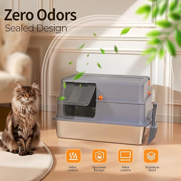 ENCLOSED XXXXL STAINLESS STEEL LITTER BOX, 28″ L X 20″ W X 17″ H, SIDE ENTRY EXTRA LARGE METAL CAT LITTER BOX WITH LID FOR BIG & MULTIPLE CATS, REMOVABLE ENCLOSURE, ANTI-LEAKAGE,EASY TO CLEAN