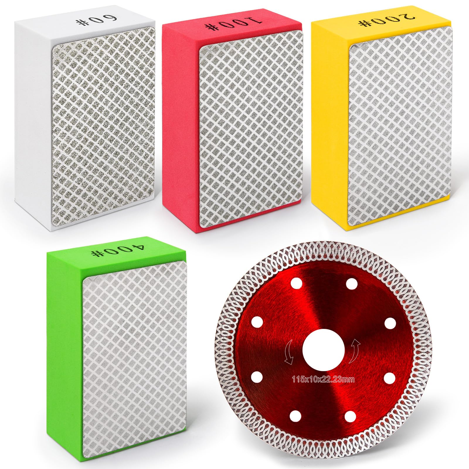 Hakkin 4Pcs Diamond Hand Polishing Pads and 1Pcs 115mm Diamond Cutting Discs for Angle Grinder Polishing Pads for Ceramic Tile Glass Grinding, Sanding Blocks Grit 60#, 100#, 200#, 400#
