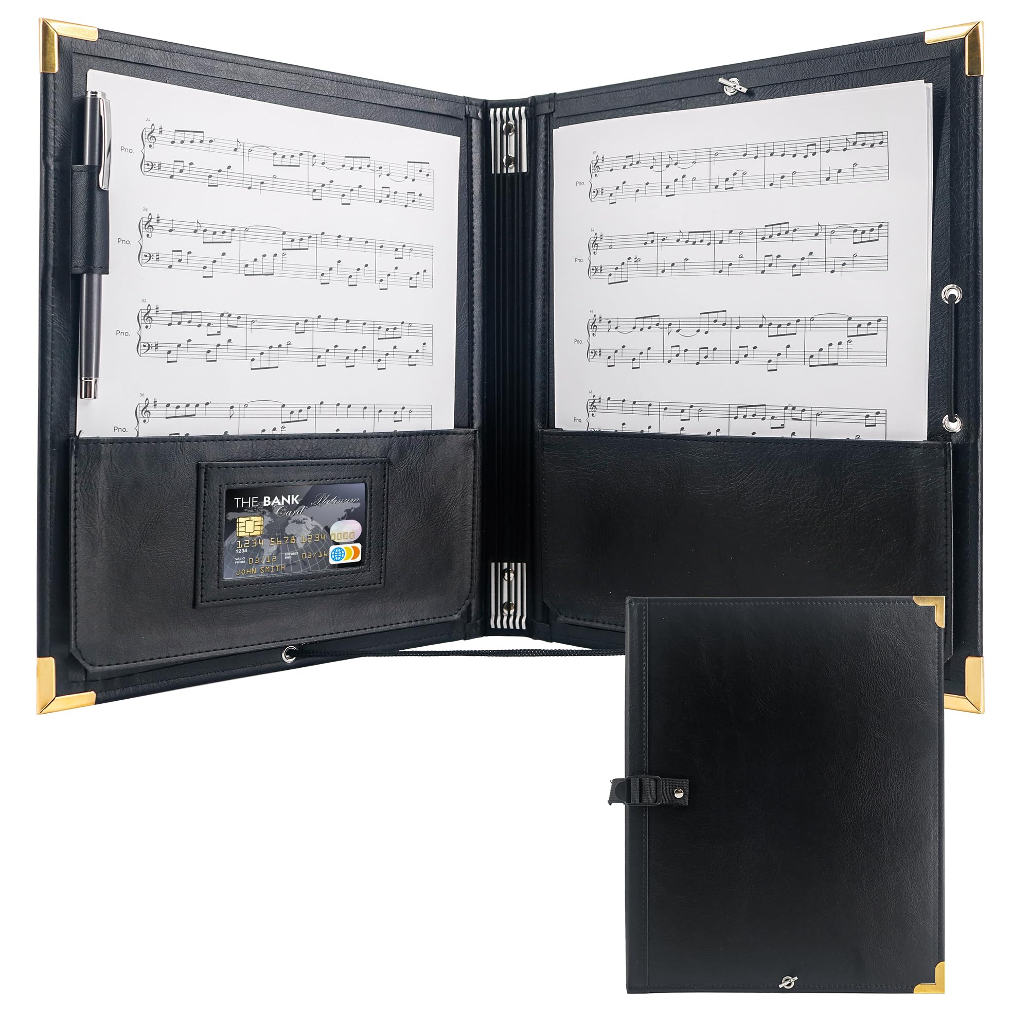 GraduatePro Elastic Cords Choir Folder 9.5" x 12" PU Leather Music Folder with Hand Strap for Piano and Stage Performance, Black