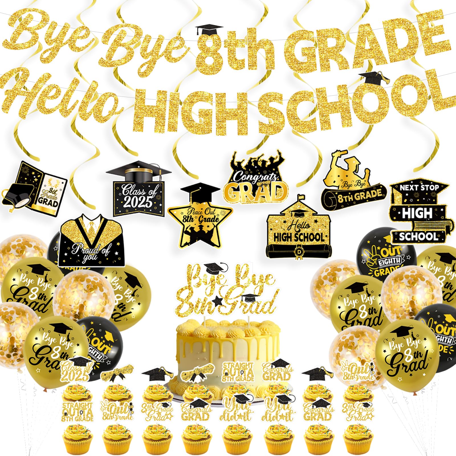 Photo 1 of 8TH Grade Graduation Decorations 2025 with Bye Bye 8th Grade Hello High School Banner, Cake Cupcake Toppers, Balloons, Hanging Swirls for Eighth Grade Graduation Party Supplies