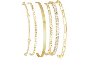 DEARMAY Waterproof Gold Plated Bracelets Set for Women Trendy, Dainty 14K Gold Jewelry Fashion Stackable Tennis Beaded Figaro Herringbone Paperclip Link Bracelet Pack Stack Gifts for Women