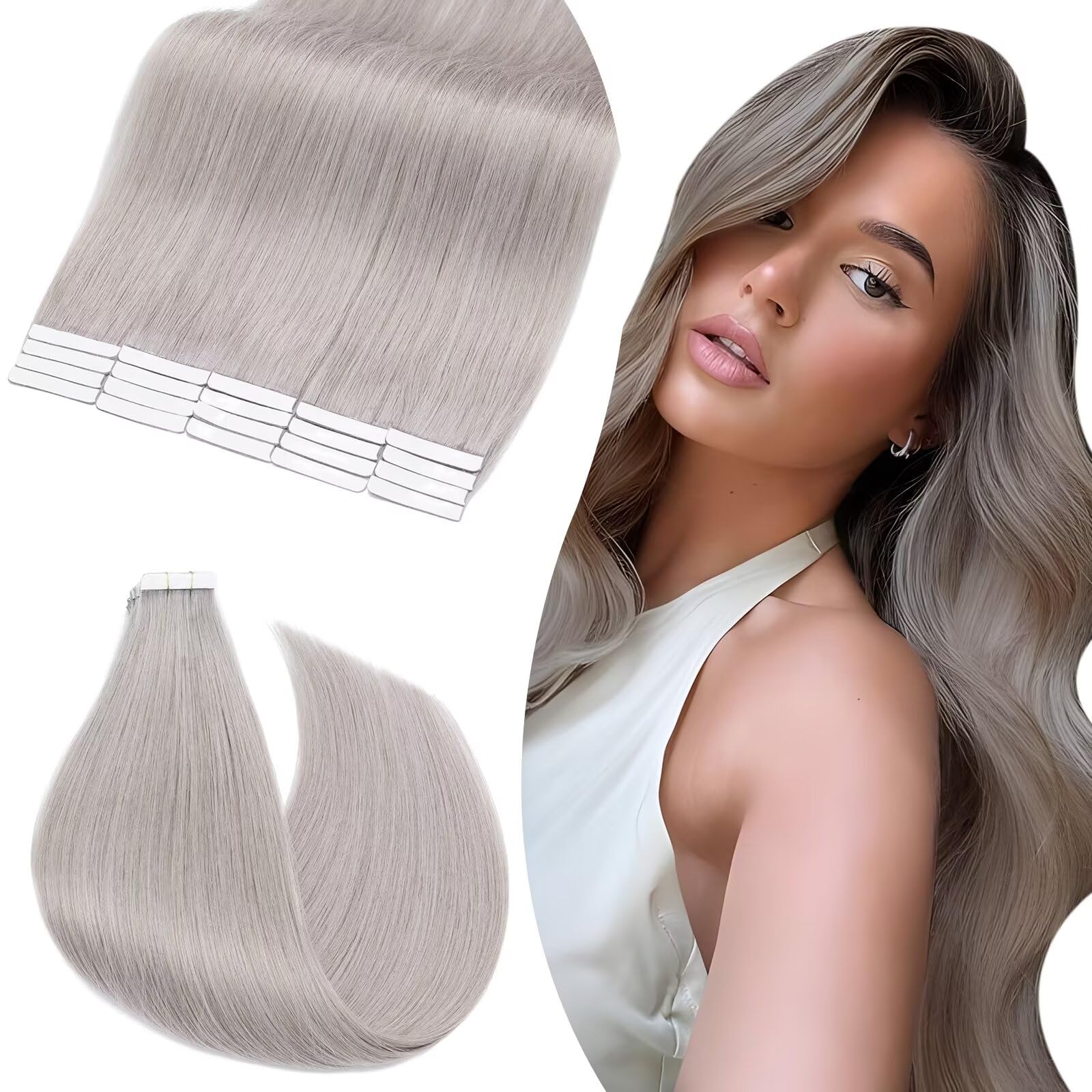 UK-Fashion-Shop 22Inch Grey Tape in Hair Extensions Real Human Hair Tape Extensions 20pcs 50g Remy Hair Piece Straight Natural,Gray