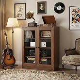 holzart Audio Stereo Cabinet with Glass Doors, 35.4" Tall Vintage AV Component Media Stand, Record Player Stand with Adjustable Shelves &amp; Cable Management, Rustic Brown