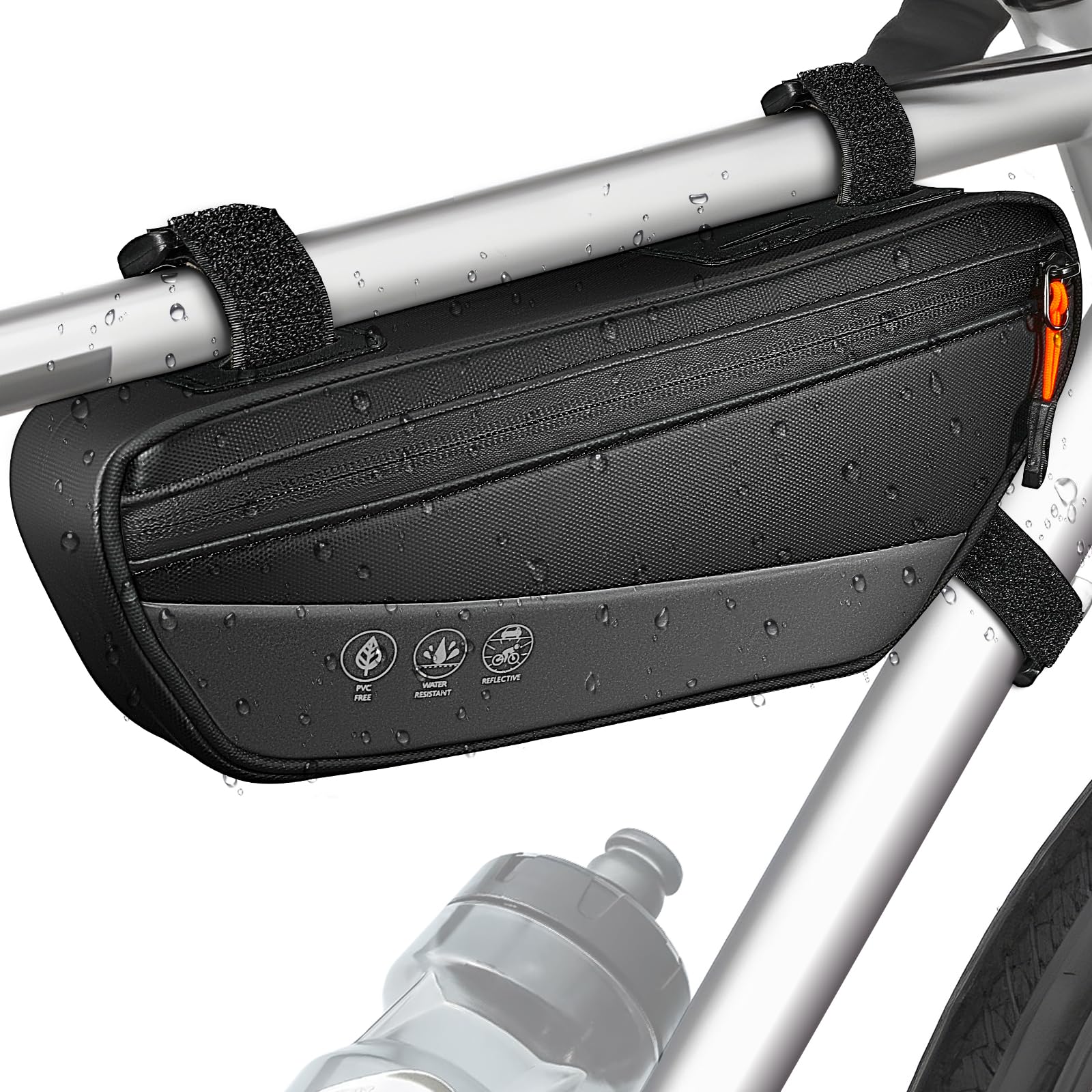 WOTOW Bike Frame Bag - 1.8L Waterproof Bicycle Top Tube Pouch with Side Pocket, Reflective Large Capacity Black Cycling Accessories for MTB, Road Mountain Bike Cycling Travel
