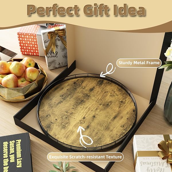 LAZY SUSAN TURNTABLE ORGANIZER FOR TABLE TOP, 18’’ ROUND WOODEN LAZY SUSAN FOR CABINET KITCHEN COUNTERTOP PANTRY DINING COFFEE TABLE FOR CONDIMENTS SPICES, RUSTIC BATHROOM VANITY TRAY FOR SOAP CANDLE