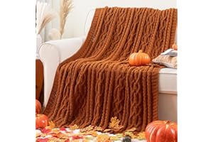 Battilo Caramel Throw Blanket for Couch, Rust Throw, 51" x 67", Super Soft Warm Chenille Cable Knit Blanket Boho Decorative Fall Throw Blanket for Bed, Sofa and Living Room
