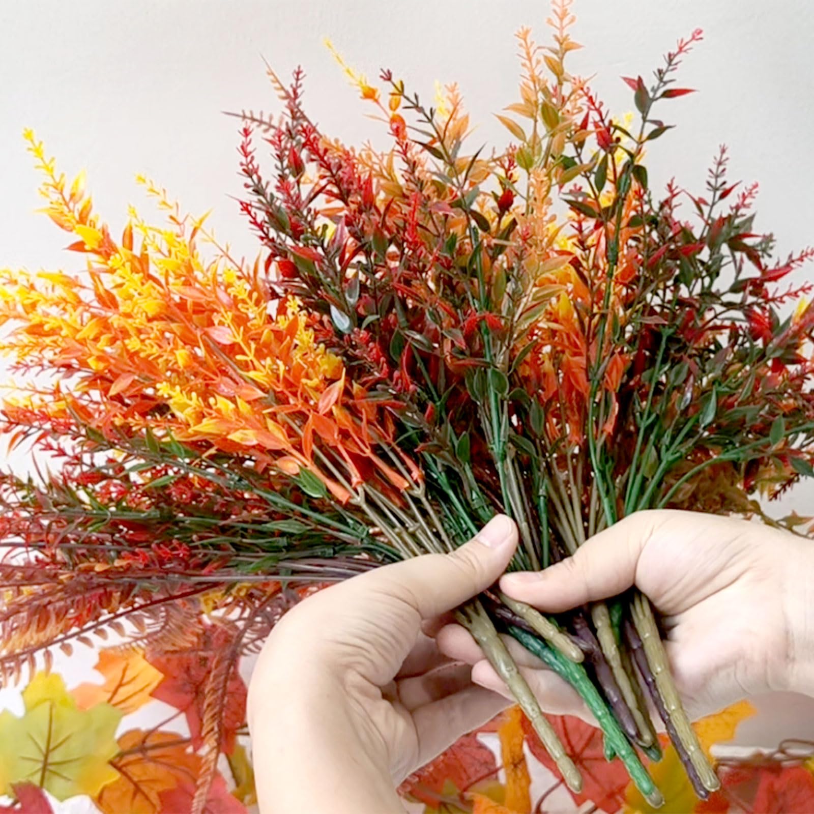 12 Bündel Künstliche Herbstblumen Herbststrauß Herbstdeko, Kunststoff Lavendel Persergras Kunstblumen Deko, Herbst Farbverlauf Herbstblätter Herbstzweige Blumen Balkonpflanzen für Innen und Draußen 6