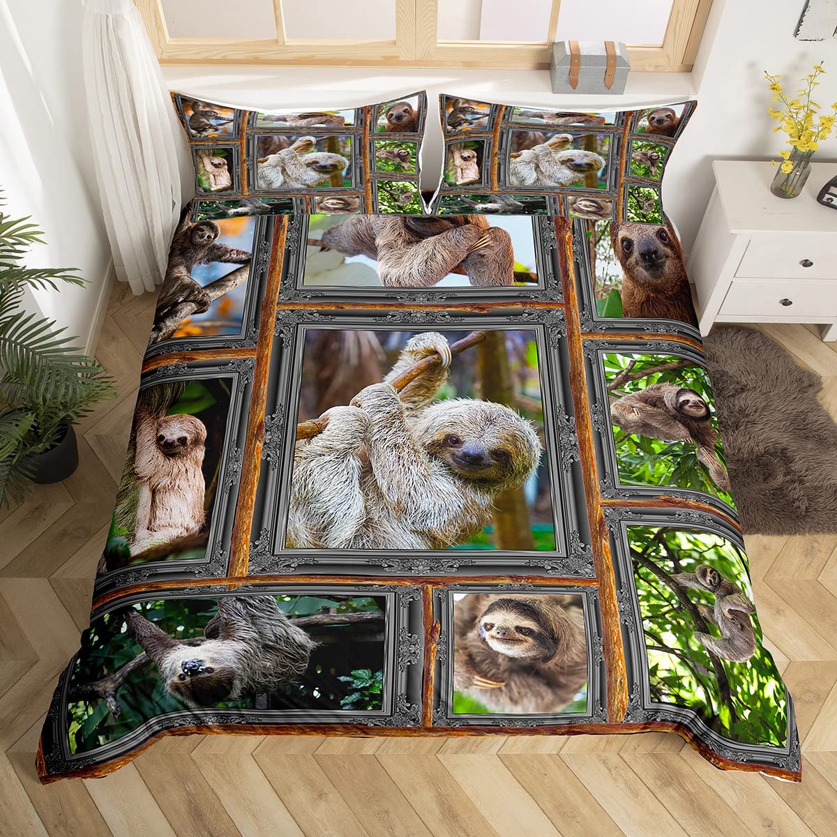 Loussiesd Sloth Bedding Set Cute Animal Comforter Cover Set for Kids Women Men 3D Sloth Duvet Cover Brown Farmhouse Style Bedspread Cover 3Pcs Double Size