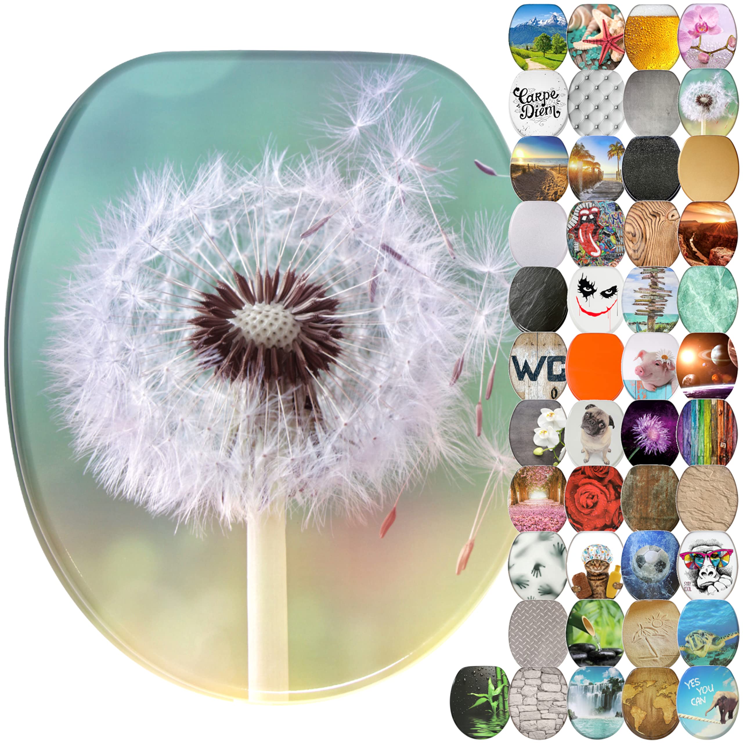 Sanilo Soft Close Toilet Seat, Wide Choice of New Toilet Seats, Stable Hinges, Easy to Mount (Dandelion)
