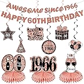 Kuxriox 11Pcs 60th Birthday Decorations Kit for Women, Rose Gold Happy 60th Birthday Banner, Awesome Since 1966 Centerpieces Swirls Party Supplies, Sixty Bday Banner Ceiling Table Topper Sign