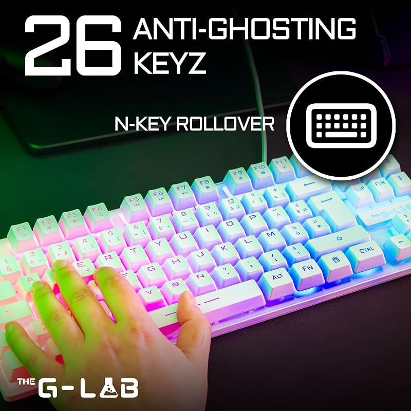 - Keyz Caesium TKL - Teclado gamer com fio USB, 87 teclas QWERTY, multicolor com retroiluminação LED - Jogos, compacto sem teclado numérico para PC/PS4/PS5/XBOX - Branco