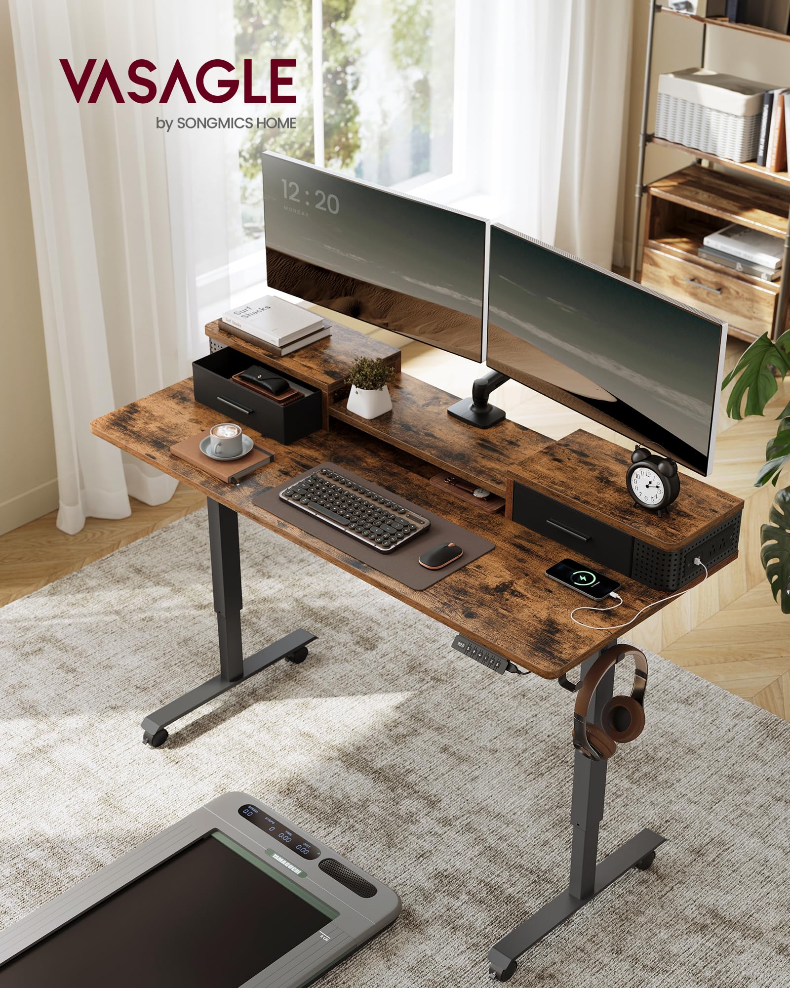 VASAGLE Electric Standing Desk with Drawers, 55.1 x 23.6 Inches, Sit Stand Desk with Power Outlet and LED Lights, Adjustable Height, Storage Shelf, 3 Memory Buttons, for Home Office, Rustic Brown