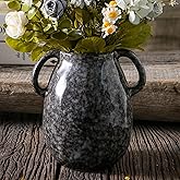 Tanvecle Black Ceramic Vase with 2 Handles, Modern Farmhouse Decor, Rustic Terracotta Pottery, Decorative Flower Vases, Clay Small Vase, Centerpiece for Dining Table - 7 Inch Tall