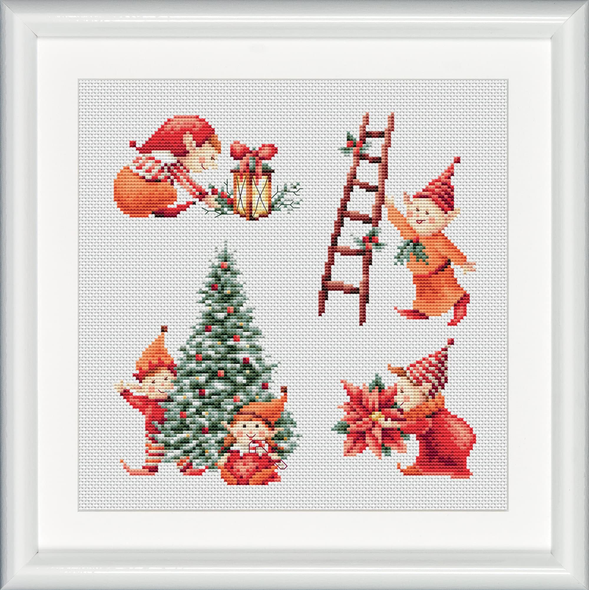 DUTCH STITCH BROTHERS - Counted Cross Stitch Kit - DSB017L - Christmas Elves 1- Linen - 9.8 x 9.8 Inch - DIY for Adults