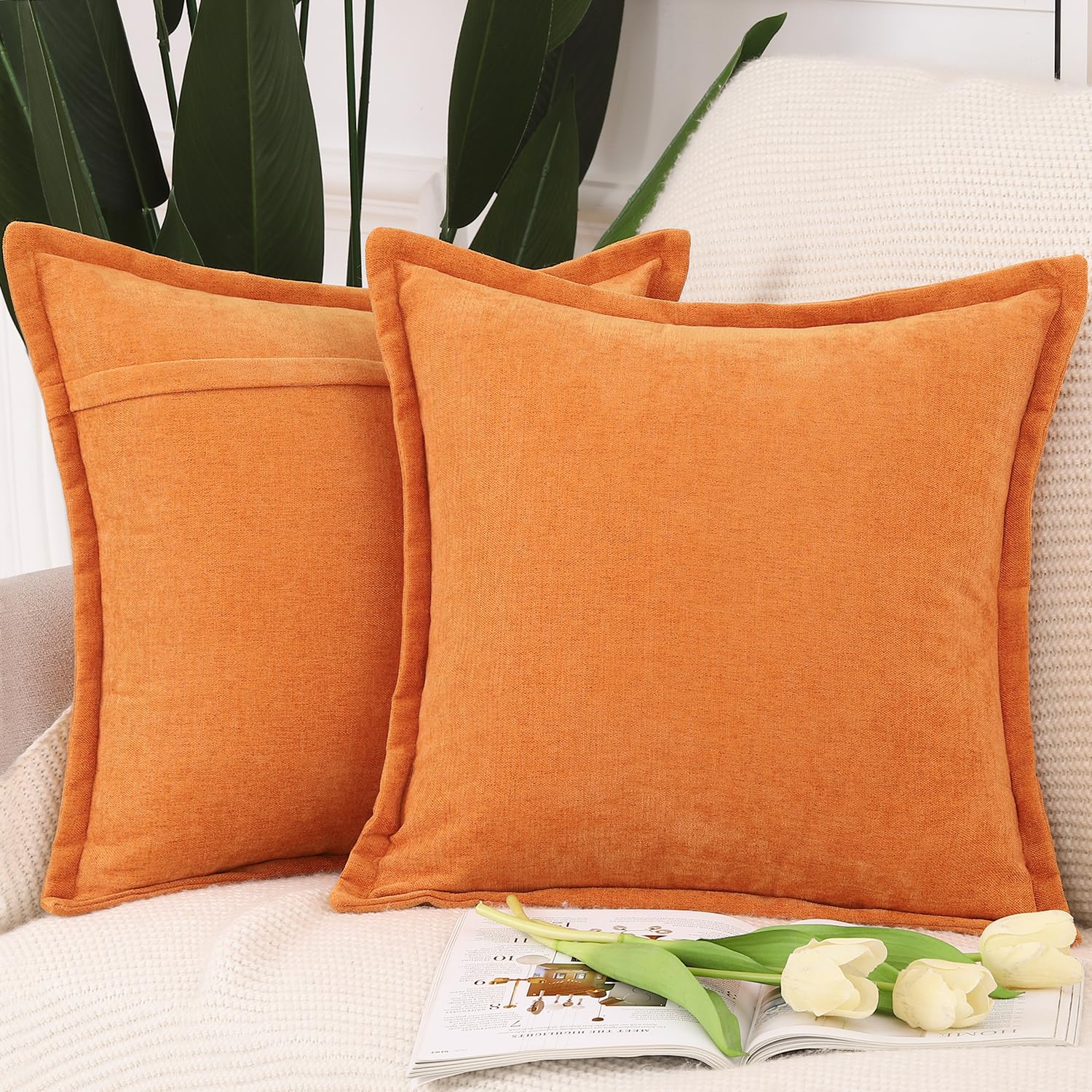 Madizz Fringe Chenille Cushion Covers Set of 2 Super Soft Boho Throw Pillow Covers Decorative Plain Throw Pillowcases Modern Home Decor for Sofa Bedroom Orange 16x16 inch, 40x40 cm