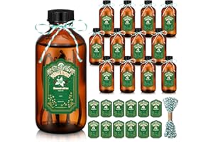Uiifan 12 Pack Amber Glass Bottles Boston Round Sample Bottles Glass jars with Lids Dark Vanilla Extract and 12 Pcs Christmas Green Snowflakes Stickers for Gift Beans(8 oz)