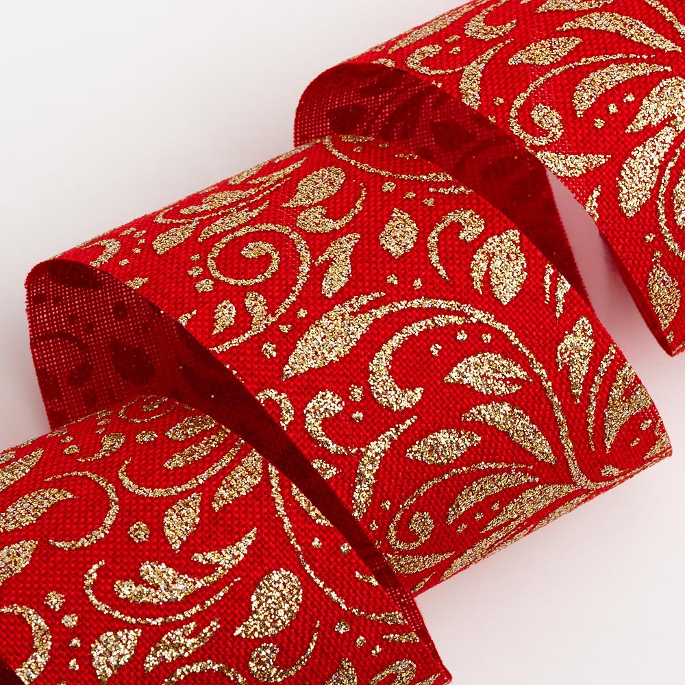 Italian Options Gold Lurex Leaf Scroll Red Hessian Ribbon, Jute Christmas Ribbon for Crafts, Gift Wrapping Accessories, Wreath Making Supplies, Tree Decorations, Red, Gold 38 mm x 10 Metre Roll