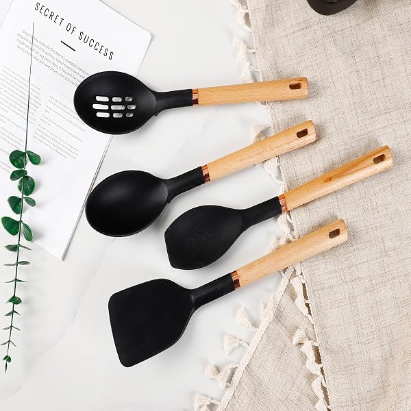 JIUFEI HOME 13-PIECE SILICONE KITCHEN UTENSILS SET, WOODEN HANDLE NONSTICK COOKING TOOLS WITH SPATULA TURNER TONGS LADLE, HEAT RESISTANT 450°F BPA-FREE DISHWASHER SAFE COOKWARE ACCESSORIES (WHITE)