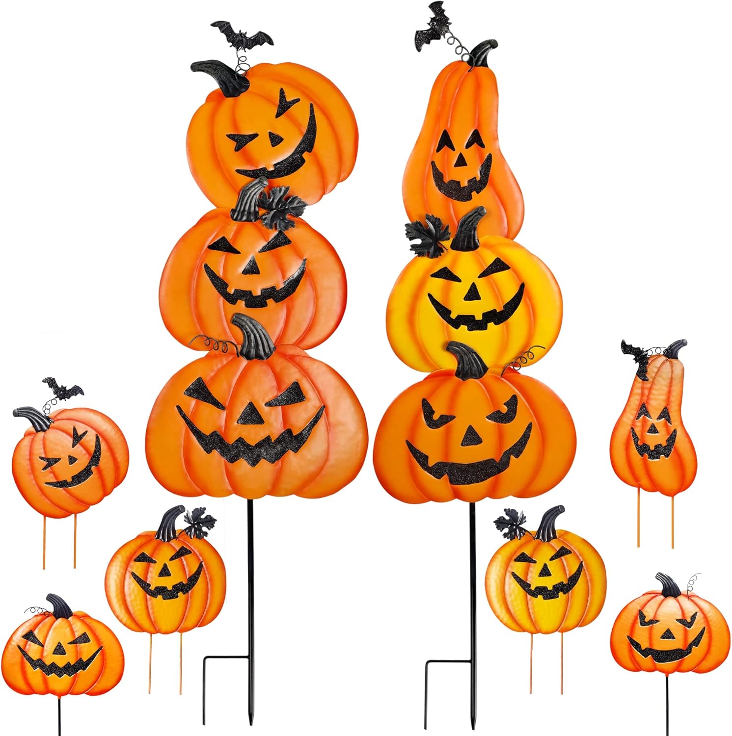Decorative Garden Stakes - Juegoal 2 Pack Halloween Garden Stakes, Stacked Metal Pumpkins Jack-o-Lantern Lawn Decor, Yard Signs Stake Outdoor Decorative Pumpkin Home Lawn Pathway Driveway Decorations